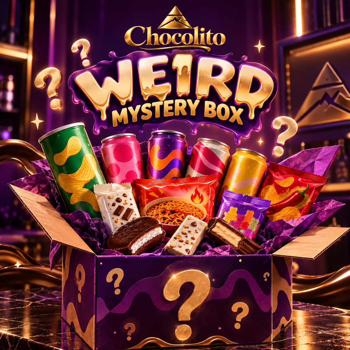 WEIRD MYSTERY BOX - 2 băuturi neobișnuite, 2 snack-uri sărate, un ramen coreean, un Kinder special, o ciocolată inedită, un Oreo special, un borcan cremă tartinabilă și o surpriză