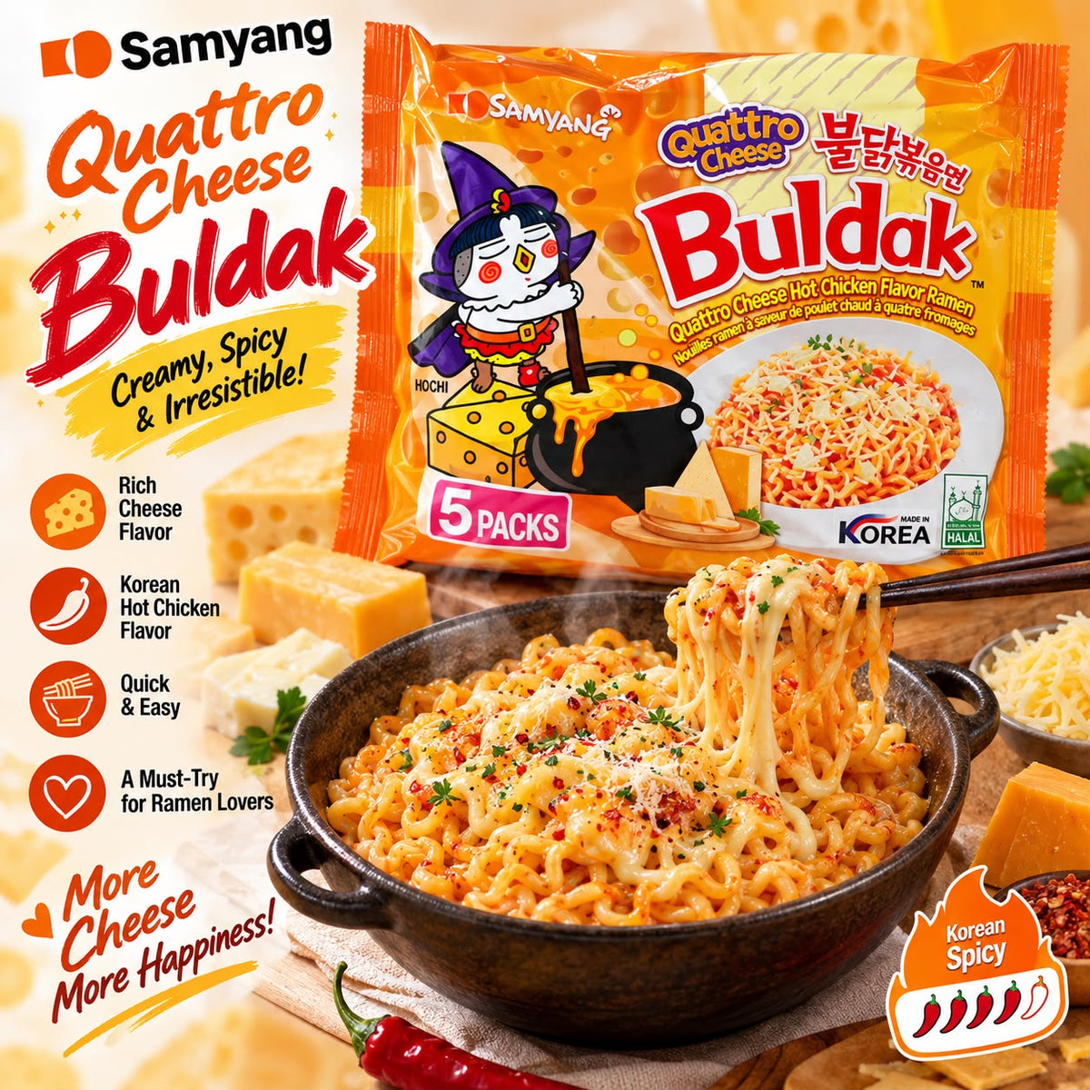 Samyang Buldak Quattro Cheese Hot Chicken Ramen – Box 5 × 145 g