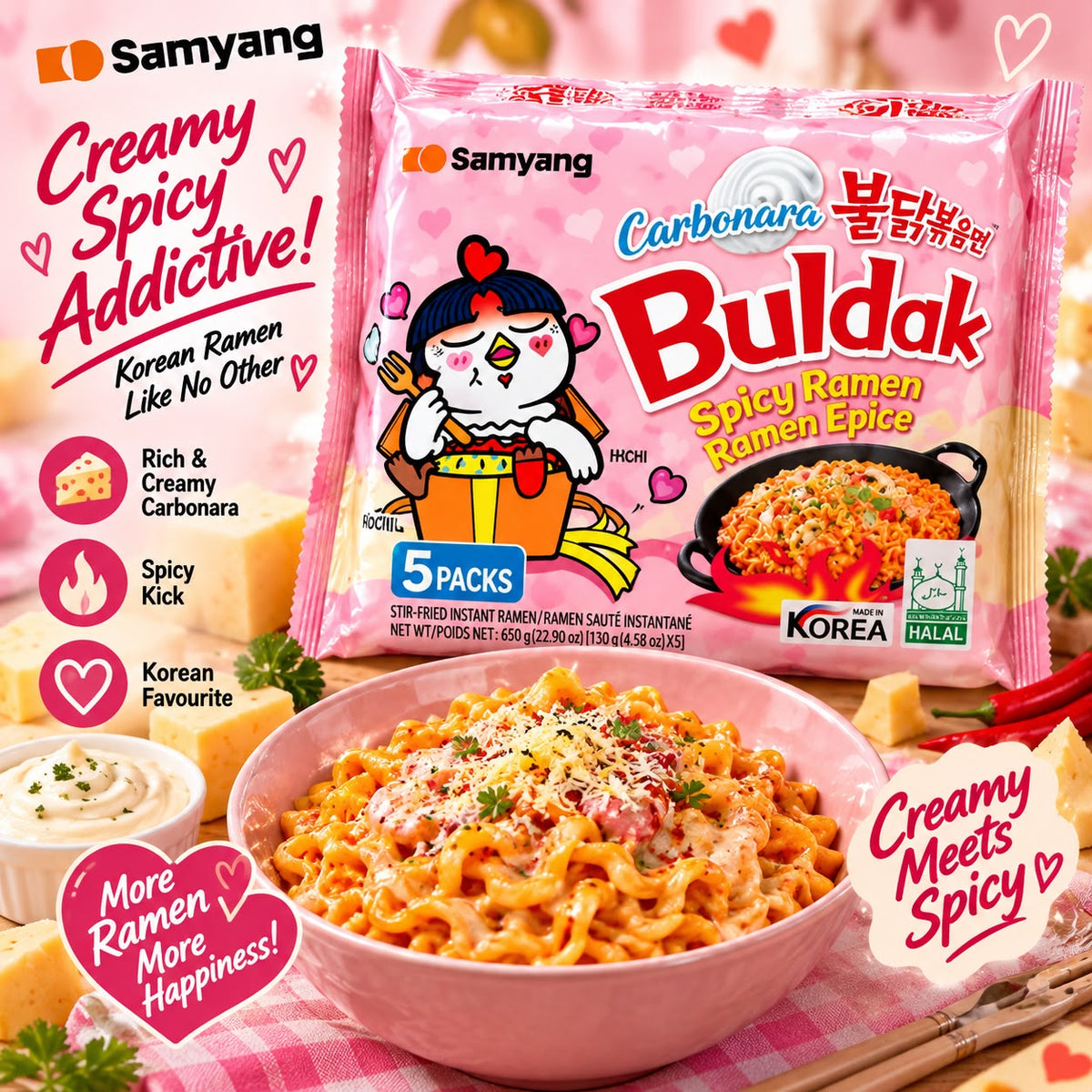 Samyang Buldak Carbonara Hot Chicken Ramen – Box 5 × 130 g