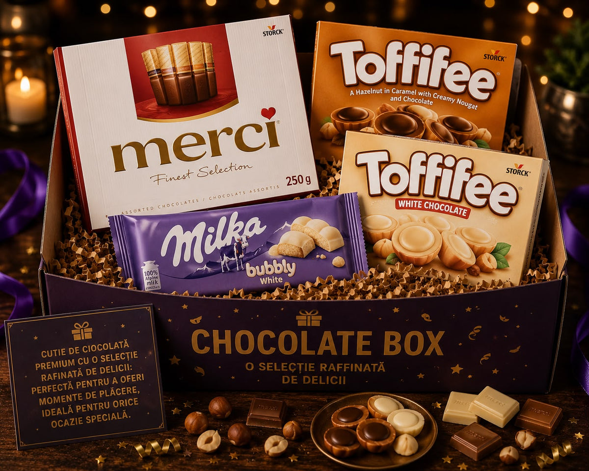 Chocolate Box (Merci 250 g, Toffifee cu alună și Toffifee cu ciocolată albă, completate de Milka Bubbly White )