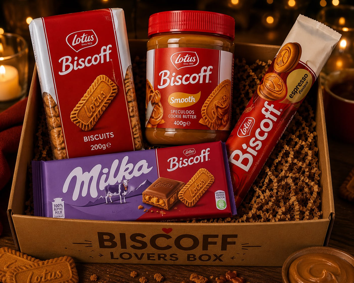 Biscoff Lovers Box (Lotus Biscoff 200 g, espresso aromat 150 g, cremă Biscoff 400 g, Milka Biscoff )