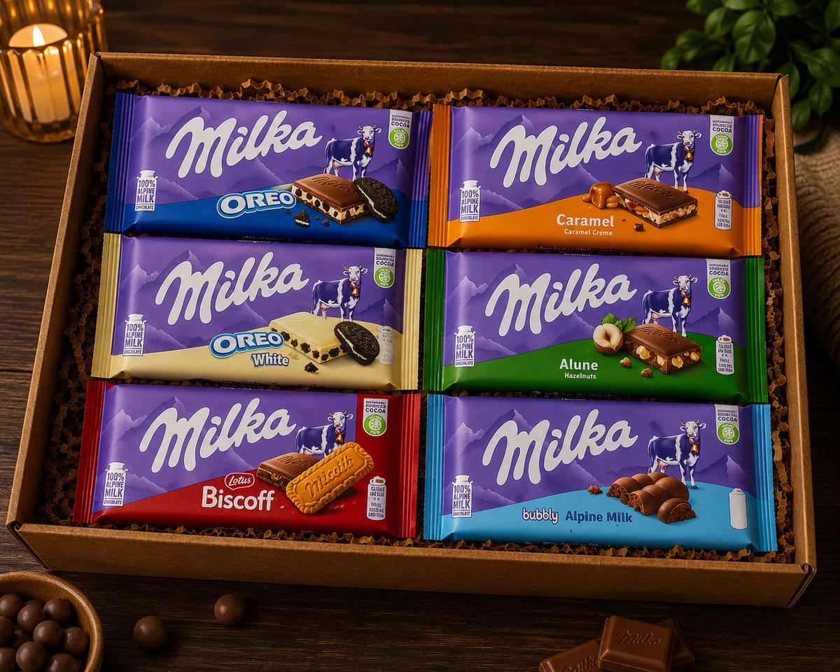 Milka Mix 6 ( Milka Oreo, Oreo White, Biscoff, Caramel,  Hazelnuts,  Bubbly Alpine )